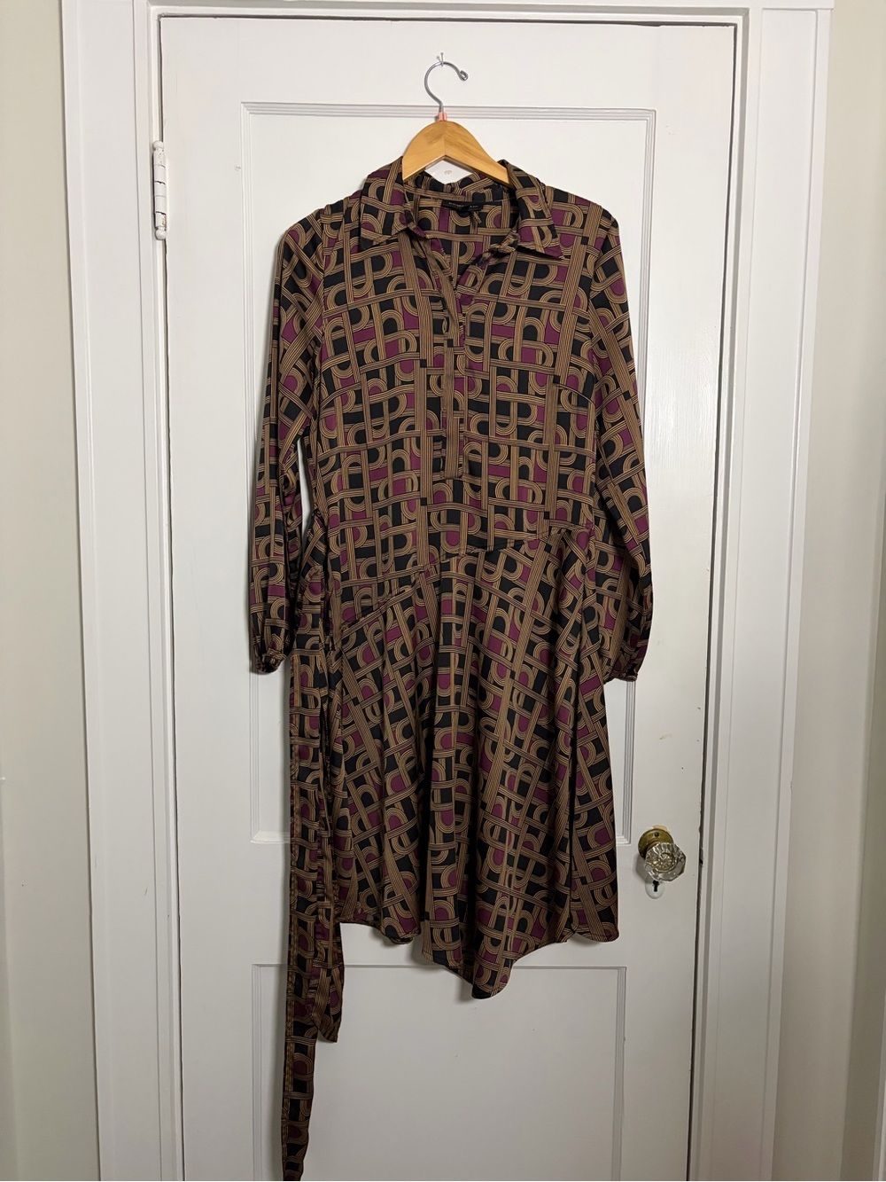 Donna Karan Brown and Pink Geometric Tie-Waist Shirt Dress